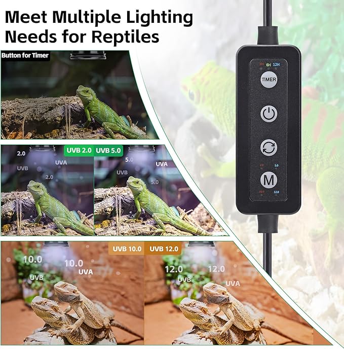 UVB Light for Reptiles with Dimming, LED UVB Light Bulb Fixture for Bearded Dragon Gecko Lizard Turtle Snake, Adjustable Brightness UVA UVB Lamp for Tropical & Desert Reptile Tank Accessories 6W Black