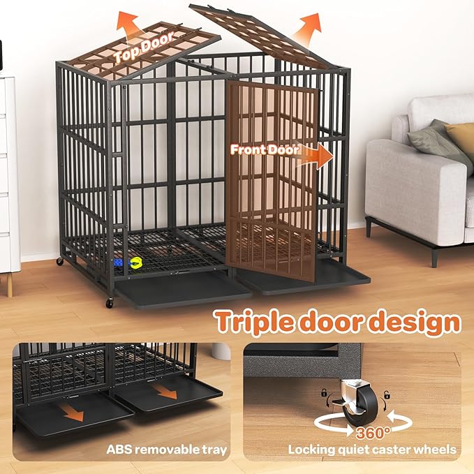 54 in Heavy Duty Dog Crate for Large Dogs, Dog Kennel Indoor with Removable Tray and Lockable Wheels, Easy to Clean, XL Dog Cage for Large and Medium Dogs