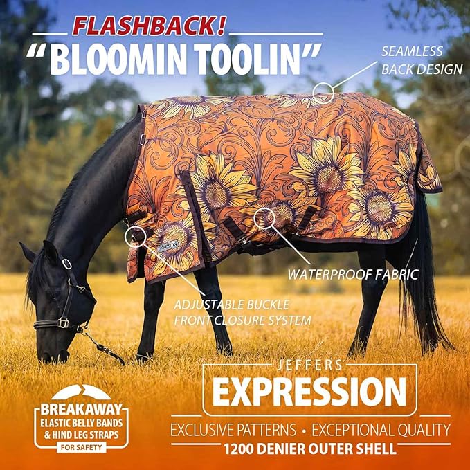 Jeffers Expression 1200 Denier Standard Neck Turnout Sheet, 78" - 0 Gram Lightweight Waterproof Horse Blanket, Breathable Outdoor Rug with Straps, Gussets, Tail Flap, Adjustable Fit - Bloomin Toolin