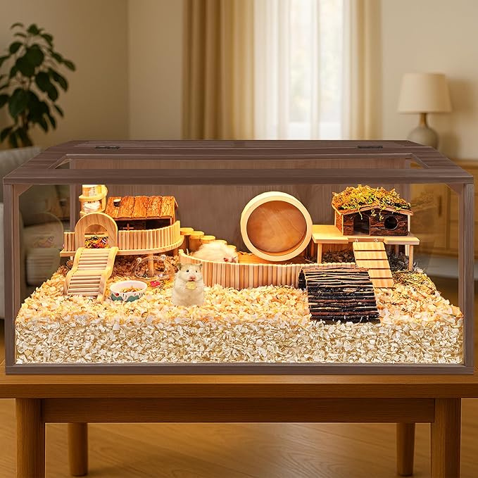 PROLEE Hamster Cage with Chewproof Wood Top, Guinea Pig Cages, Hamster Habitat with Clear Acrylic Sheets Solid Built, Small Animal Cage (Walnut, 32X15.5X15.5 inch)