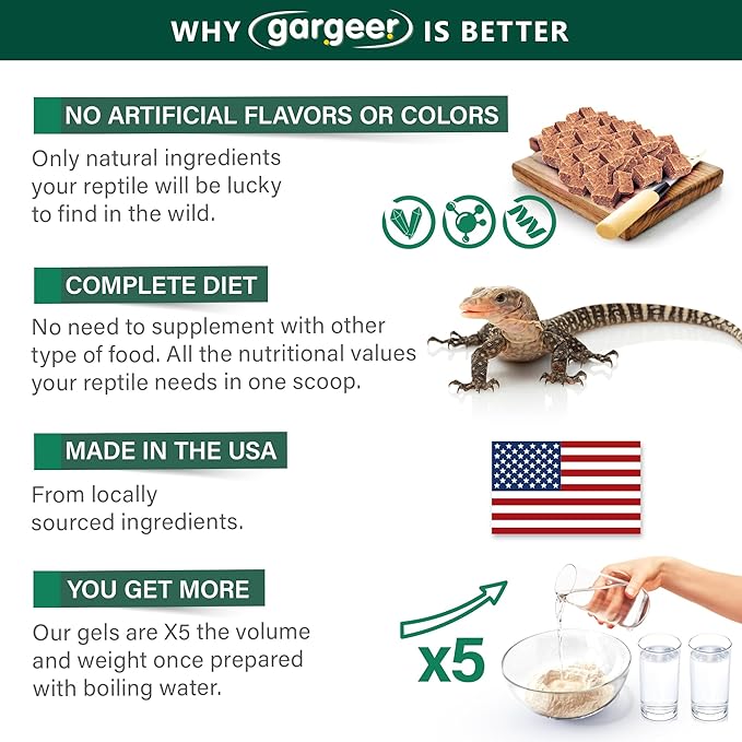 Gargeer 3oz Monitor Lizard Food. Complete Gel Diet for Both Juveniles and Adults. Proudly Made in The USA, Using Premium Ingredients, Fortified Gourmet Formula. Enjoy!