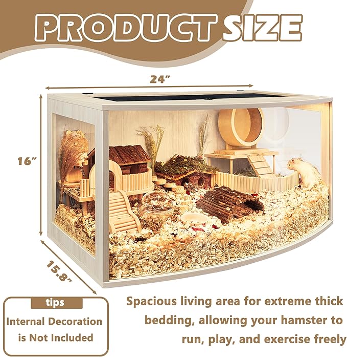 Prolee Hamster Cage Chew Proof Wood, Hamsters Enclosure Openable Top with Curved Design,Waterproof Small Animals Cage with Acrylic Sheets for Gerbils,Hamster Habitat(24 Inches)