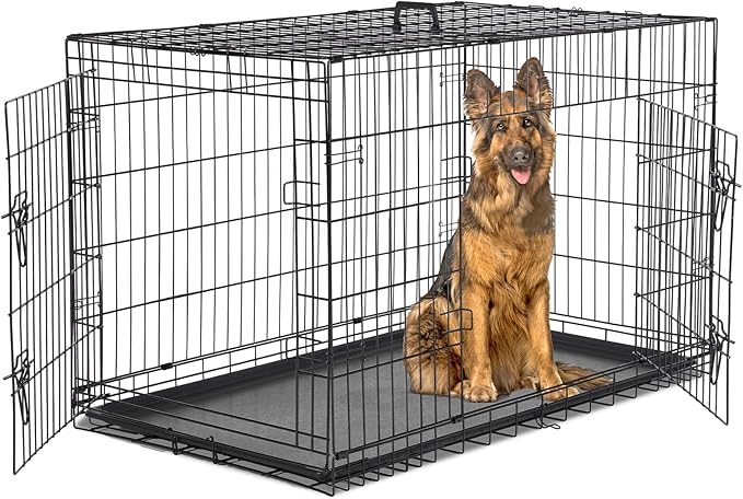 Dog Crate - 42 Inch Large Double Door Portable Dog Cage, Metal Wire Pet Kennel with Secure Lock, Leak-Proof Pan Tray, Foldable Design for Dogs Pets Indoor Training and Outdoor Trave