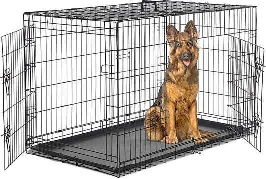 Dog Crate - 42 Inch Large Double Door Portable Dog Cage, Metal Wire Pet Kennel with Secure Lock, Leak-Proof Pan Tray, Foldable Design for Dogs Pets Indoor Training and Outdoor Trave