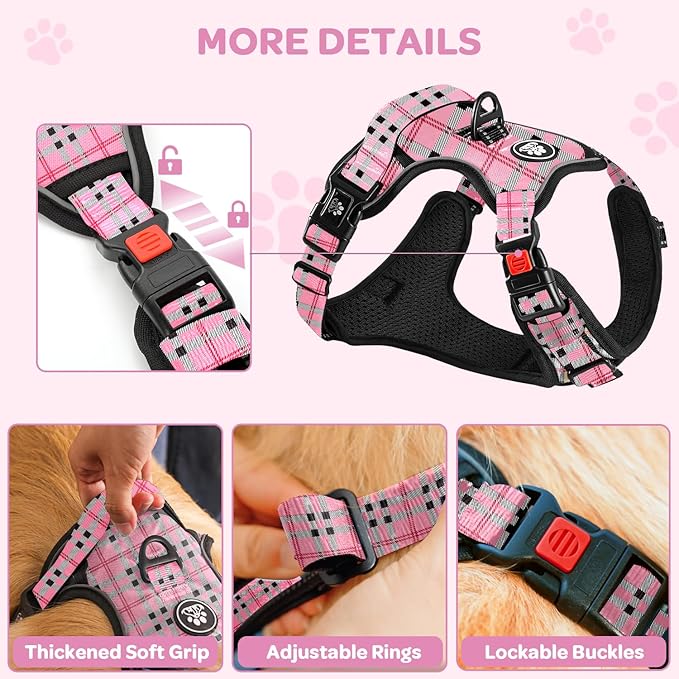 FURRYFECTION Plaid Dog Harness for Medium Dogs, Reflective No Pull Adjustable Pet Vest with Front Clip, Leash, Easy Control Handle and Seat Belt, Pink&Black, M