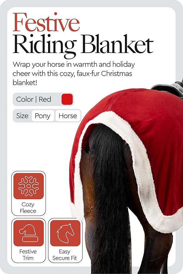 HORZE Santa Christmas Fleece Horse Quarter Sheet Riding Blanket with Faux Fur - Red - Horse