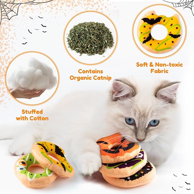 L1rabe Halloween Catnip Cat Toys - 5Pcs Donut Catnip Stuffed Kittens Supplies, Funny Pumpkin Bat Spider Dessert Pet Toys, Fun Cat Chew Bite Teething Tool Catmint Interactive Supplies - Image 3