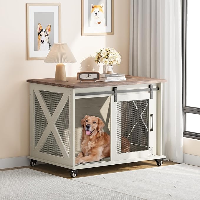 GarveeLife 37" Dog Crate Furniture, Side End Table, Farmhouse Dog Crate with Sliding Barn Door, Flip Top Wooden Dog Kennel with Wheels and Movable Divider, Indoor Dog Cage House for Medium Dogs