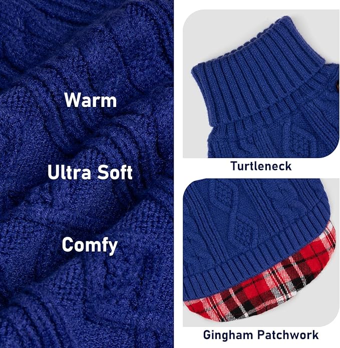 KYEESE Dog Sweater Comfy Pet Coat for Fall Winter Cold Weather Soft Pullover Dog Sweaters for Small Dogs Girl Warm Turtleneck Small Dogs Sweater with Gingham Patchwork