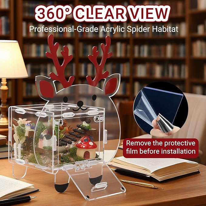 Acrylic Jumping Spider Enclosure 4.7x4.7x3.5 Inches, Magnetic Front Opening Door Escape-Proof Habitat for Tarantulas & Small Reptiles, Cute Deer-Shaped Acrylic Terrarium