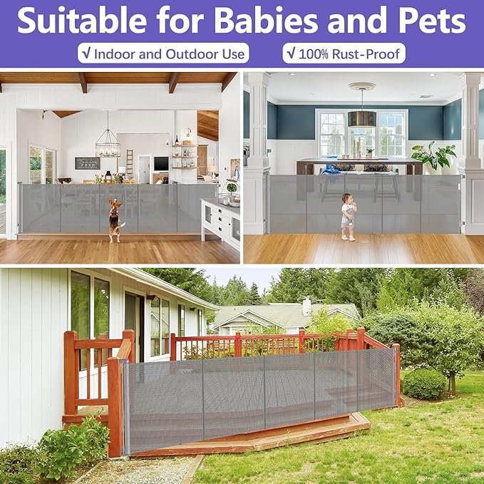 Reinforced 42" Extra Tall x 96" Wide Retractable Pet Gate with Support Rods-Prevent Crawling Under, Mesh Baby Gate Long Dog Gate Indoor/Outdoor Retractable Gate Tall Dog Gates for Doorways, Gray