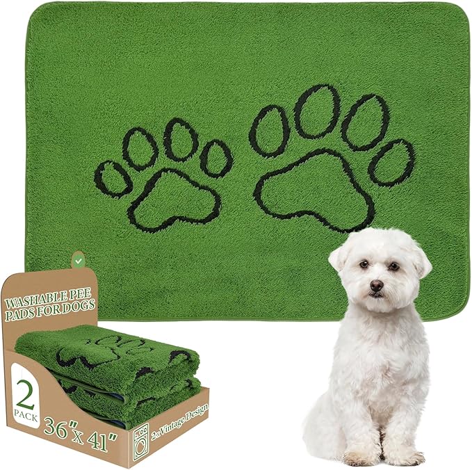 Homimp Washable Pee Pads for Dogs, 2 Pack Super Absorbent Reusable Puppy Pads,Green Long Wool Fake Grass for Potty Training, Upgrade Non-Slip and Leak-Proof,Floor,Couch,Bed and Crate,Green 36"×41"
