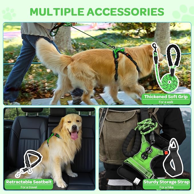 FURRYFECTION Plaid Dog Harness for Large Dogs, Reflective No Pull Adjustable Pet Vest with Front Clip, Leash, Easy Control Handle and Seat Belt, Green, L