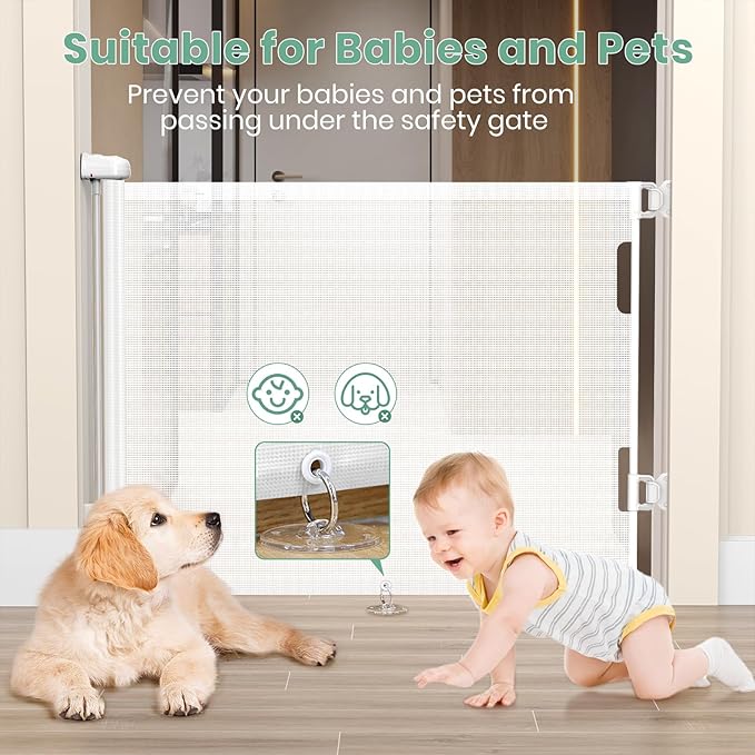 HAMOPY Retractable Baby Gate, 33" Tall, Extends up to 71" Extra Wide Baby Gate, Durable Auto-Lock Mesh Dog Gate, Pets and Child Safety Gates for Stairs, Doorways, Hallways, Indoor, Outdoor(White)