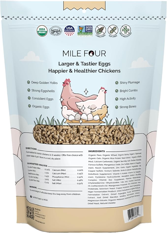 Mile Four Organic Chicken Feed Kit | Feeds 10 Layer (20+ Weeks) Chickens for 4 Weeks | Feed (69 lb), Grit (12 lb), Oyster Shell (16 lb) | Whole Grain