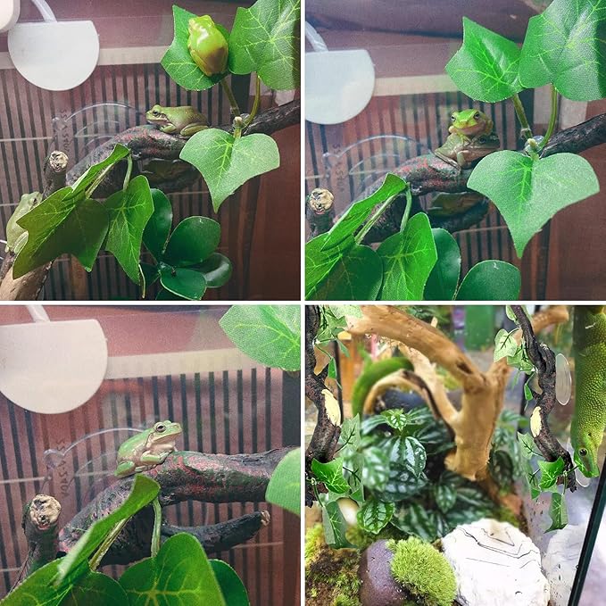 Fhiny 2 PCS Reptile Corner Branch, Resin Climb Tree Branch Decor with Leaves Tank Accessories Terrarium Plant Ornament with Suction Cup for Snake Lizard Bearded Dragons Gecko Climbing