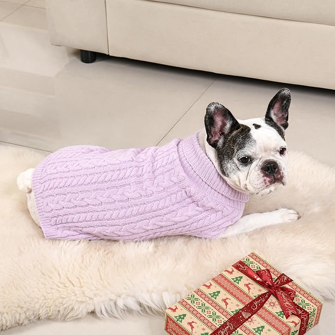 2 Pack Dog Sweaters for Medium Dogs Winter Turtleneck Pullover Cable Knit Fleece Stretch Frenchie Dachshund Pug Corgi Beagle Boy Girl Pet Clothes (L, Pink & Purple)
