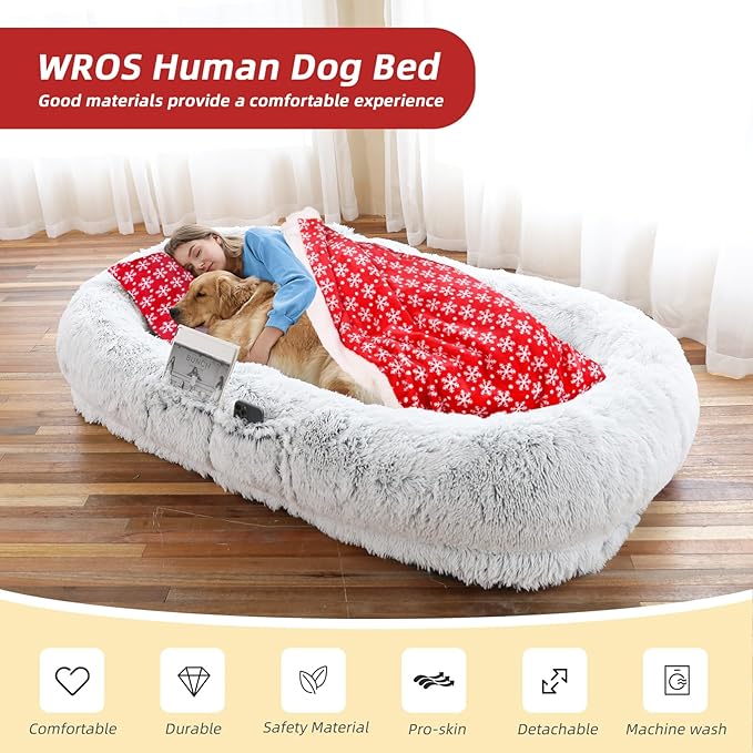 WROS Human Dog Bed - 71"x45"x12" Orthopedic Bed for Humans & Pets, Washable, Plump Pillow, Blanket, Strap - Grey
