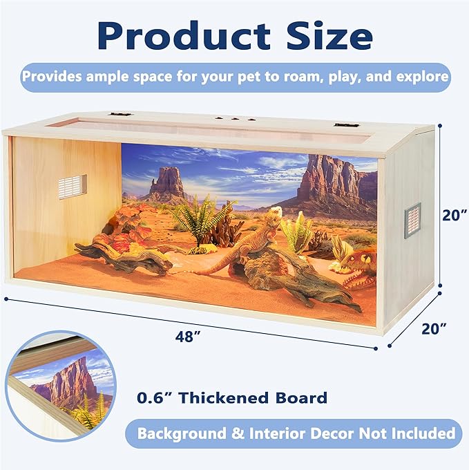 PROLEE Bearded Dragon Tank,Wooden Reptile Tank and Lizard Tank,Tempered Glass Large Bearded Dragon Enclosure with Built-in Lamp Fixture (48X20X20inch,80 Gallons)