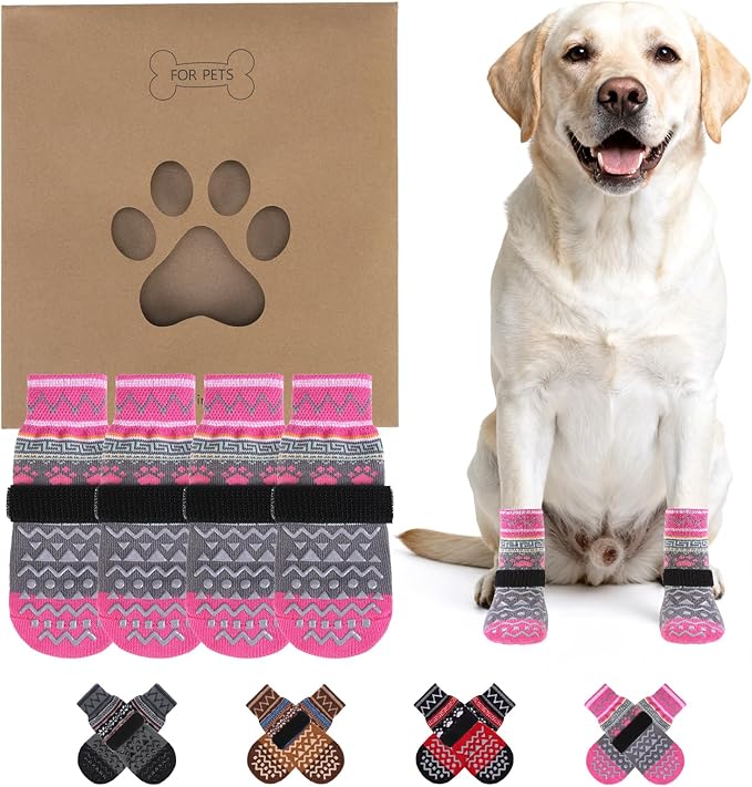 KOOLTAIL Dog Socks to Prevent Licking Paws for Hardwood Floors Anti Slip,Warm Winter Pet Boots&Paw Protector with Grippers,Double Sides Puppy Shoes Booties for Small Medium Large Senior Dogs L
