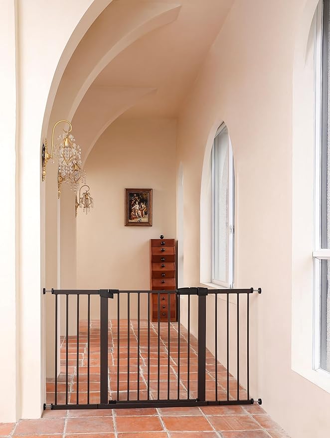 55.98"-58.15" Baby and Pet Safety Gate, 30" Tall Metal Walk-Thru Gate for Doorways & Stairs, Easy One-Hand Open, Dual Lock, Extensions & Wall Mounts Included (Black, 29"-57" W x 30.5“H)