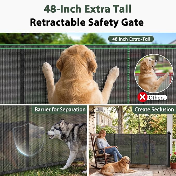 275" Extra Long Baby Gate Retractable Dog Gate, 23ft Retractable Baby Gates Extra Wide Driveway Gate, Reinforced 48" Extra Tall Pet Gate Outdoor Retractable Fence, Garage Gate Wide Dog Gate, Black