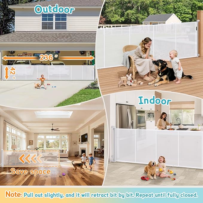 236'' Retractable Baby Gates Extra Wide 42" Tall White Mesh Dog Child Pet Safety 20 Foot Indoor Outdoor Retractable Gate for Decks, Garages, Patios, Doorways, Stairs with Reinforcement Strips