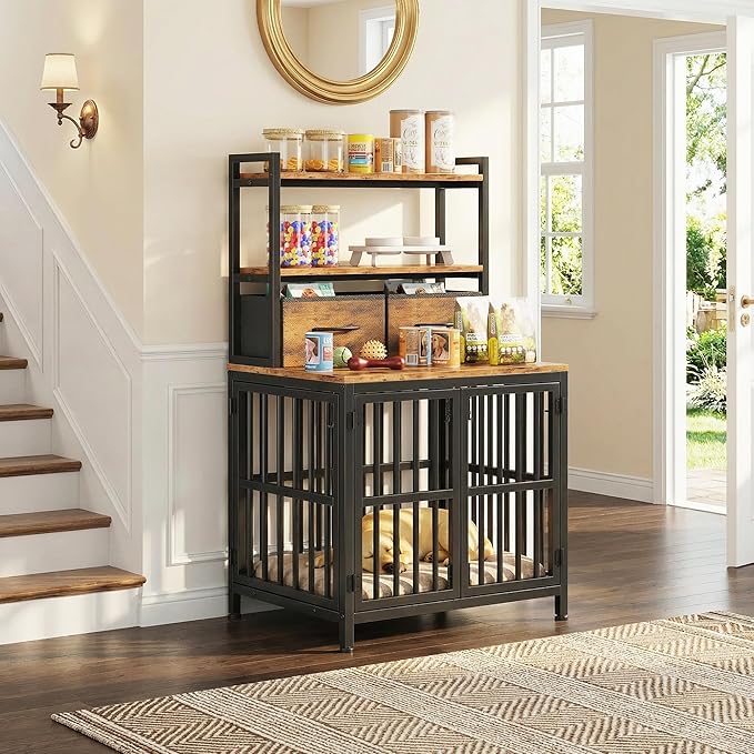 HIGDBFE Dog Crate Furniture with Drawer & Shelf, 25.5" Small Dog Crate with 4 Lockable Doors, Indoor Dog Kennel for Small Dogs, Anti-Chew Dog Cage with Storage, Rustic Brown, 43.7" H