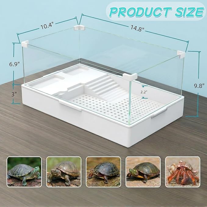 Small Turtle Starter Kit with Integrated Pump, Basking Light, Clear Acrylic 3-Layer Easy Cleaning Turtle Tank Aquarium for Small Reptiles