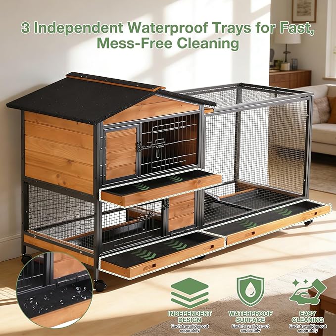 Large Rabbit Hutch Indoor Outdoor, Wooden Bunny Cage with Metal Frame, Chew-Proof Ramp, 3 Leakproof Pull-Out Trays, Rolling Wheels with Locks, Multi-Door Easy Access Small Animal Cage