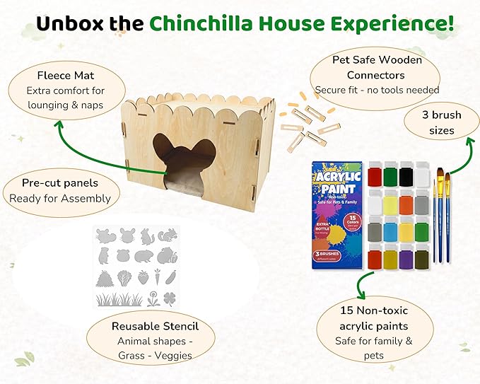 OtterPets Chinchilla House with DIY Acrylic Paint Kit, Fleece Mat Included, Made from Safe and Natural Materials, Chinchilla Cage Accessories, Chinchilla Hideout