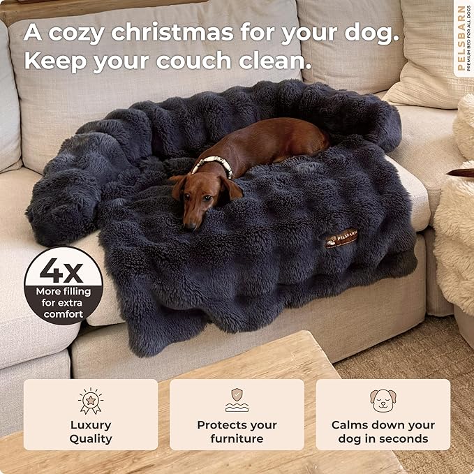 Pelsbarn Dog Bed for Couch, Luxurious Sofa Bed for Dogs with Non-Slip Oxford Bottom - Faux Rabbit Fur with Removable Cover, Small, Gray - 28x28 in