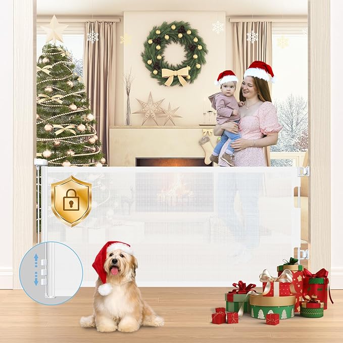 HAMOPY Retractable Baby Gate, 33" Tall, Extends up to 71" Extra Wide Baby Gate, Durable Auto-Lock Mesh Dog Gate, Pets and Child Safety Gates for Stairs, Doorways, Hallways, Indoor, Outdoor(White)