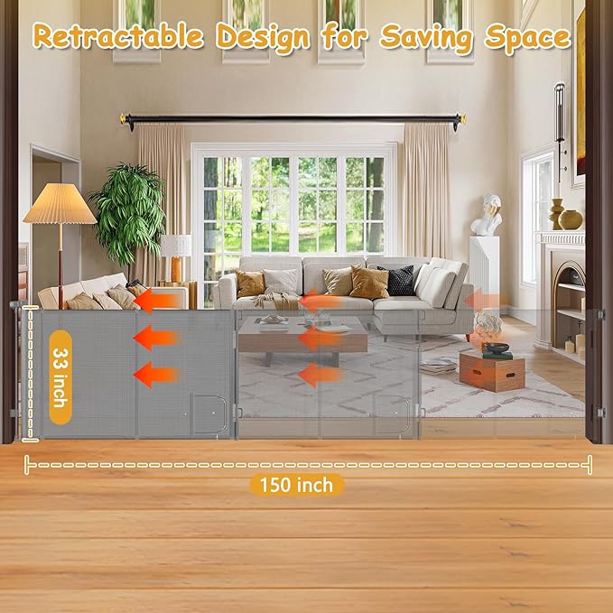 Reinforced 150 Inch Extra Wide Dog Gate with Cat Door 12.5 Ft Extra Long Baby Gates for Large Openings 33” Tall Retractable Pet Gates for Wide Openings Large Pet Gate with Cat Door, Gray