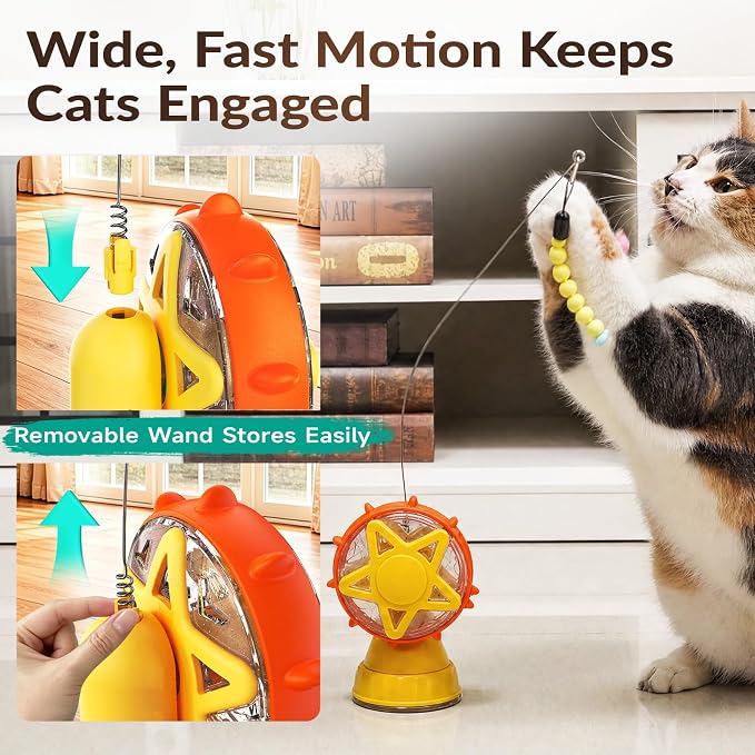 2-in-1 Cat Toys Food Dispenser & Teaser Interactive Toys (Yellow) - Image 3