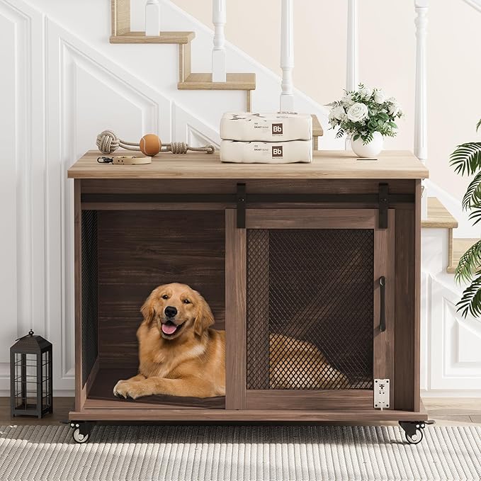 GarveeLife 37" Dog Crate Furniture, Side End Table, Farmhouse Dog Crate with Sliding Barn Door, Flip Top Wooden Dog Kennel with Wheels and Movable Divider, Indoor Dog Cage House for Medium Dogs