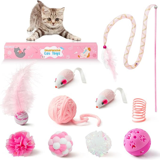 MALLMALL6 10Pcs Cat Toy Set Interactive Cat Toys Pack Including Feather Teaser Wand Cat Springs Mice Crinkle Balls and Pet Bell Balls, Puzzle Toys for Indoor Cats Gift (Pink) by MALLMALL6