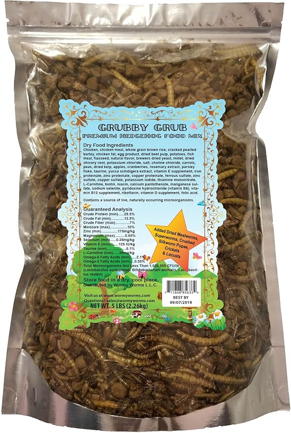 Wormy Worms Premium Hedgehog Food w/Dried Mealworms Superworms Crickets Silkworm Pupae Locusts (5 LBS)