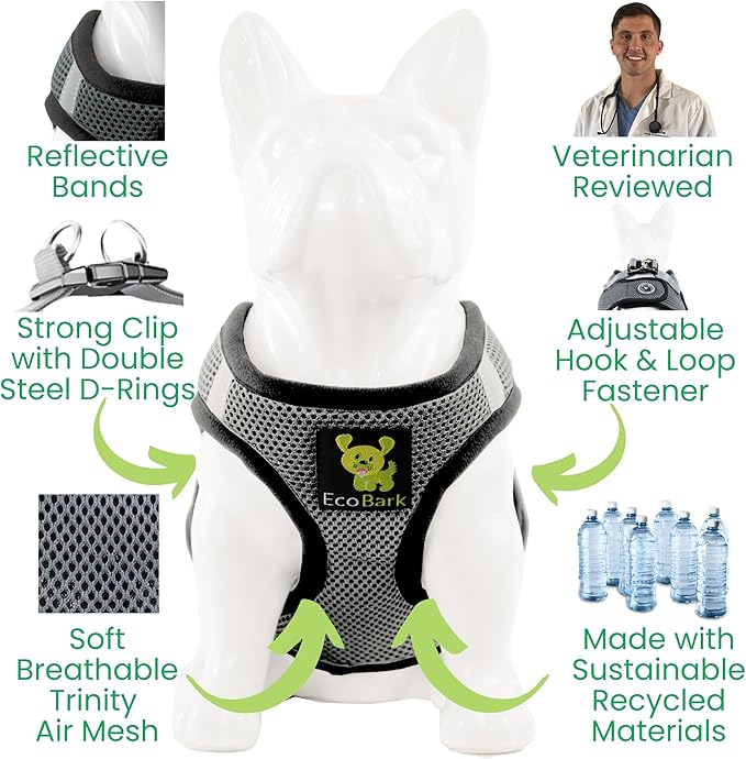 EcoBark Step in Dog Harness - Eco-Friendly Dog Harnesses for for Small & Medium Breed Dogs - Reflective and Adjustable Chest Body Halter Vest -Soft Luxurious Mesh (Gray, XL)