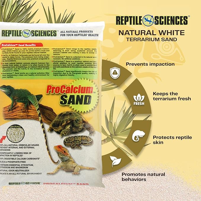 Reptile Sciences Natural White Pro-Calcium Terrarium Sand - 10 lbs - Natural Substrate for Reptile Habitats, Supports Digging & Enclosure Maintenance