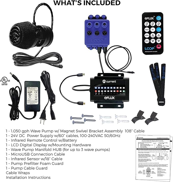 CURRENT USA 1050 GPH eFlux Wave Maker Pump Kit (6001) | Magnetic DC Powerhead with LED Display Controller for Saltwater Tank, 210-1050 GPH Aquarium Water Circulation Pump 10 to 70 Gallon, Black