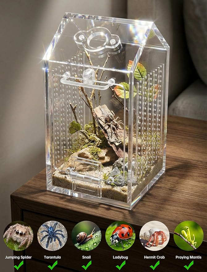 NiHome Clear Acrylic Jumping Spider Enclosure, Tarantula Terrarium, Acrylic Praying Mantis Enclosure, Magnetic Front Opening Door & Feeding Port, Escape-Proof Reptile Habitat,1.5mm Ventilation Holes