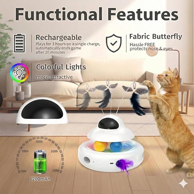 MOHAYA Cat Toys，4-in-1 Interactive Cat Toy for Indoor Cats with Laser, Fluttering Butterfly, Moving Feather and Track Balls - USB Rechargeable Self-Play Kitten Toy (White) - Image 6