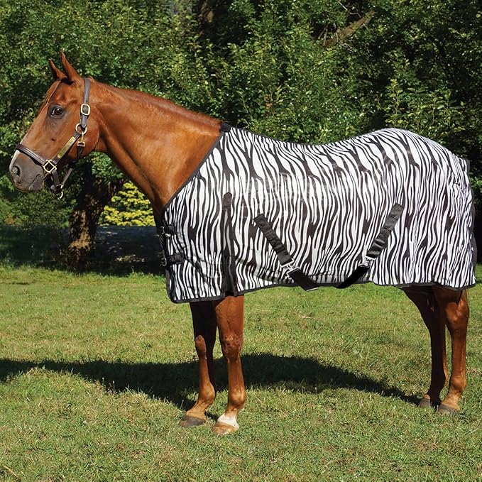 Country Pride Zebra Print Soft Mesh Fly Sheet for Horses, Summer Insect Protection, Adjustable Double Buckle Front, Shoulder Gussets, Removable Leg Straps, Breathable Mesh Horse Blanket (78 in)