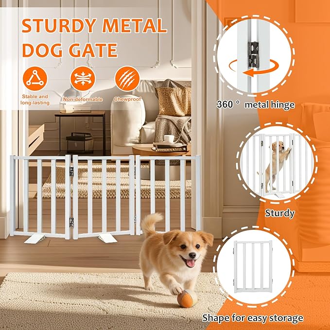 Snagle Paw Short Dog Gate,16.5" Tall Freestanding Metal Dog Gate Only for Small Dogs with Support Feet Easily Step Over,Up to 36" Wide Puppy Gate Indoor for Stairs,Doorways(White,3 Panel)