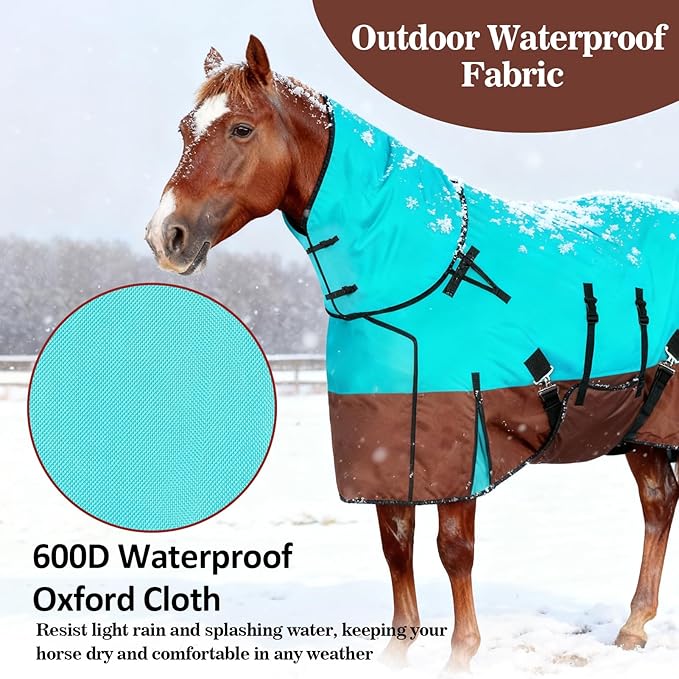 72" Waterproof Breathable Horse Blanket (No Fill), 600D Oxford Cloth Winter Turnout Rain Sheet with Removable Neck Cover, Windproof Tail Flap and Belly Wrap, Suitable for Stables, Pastures, Paddock