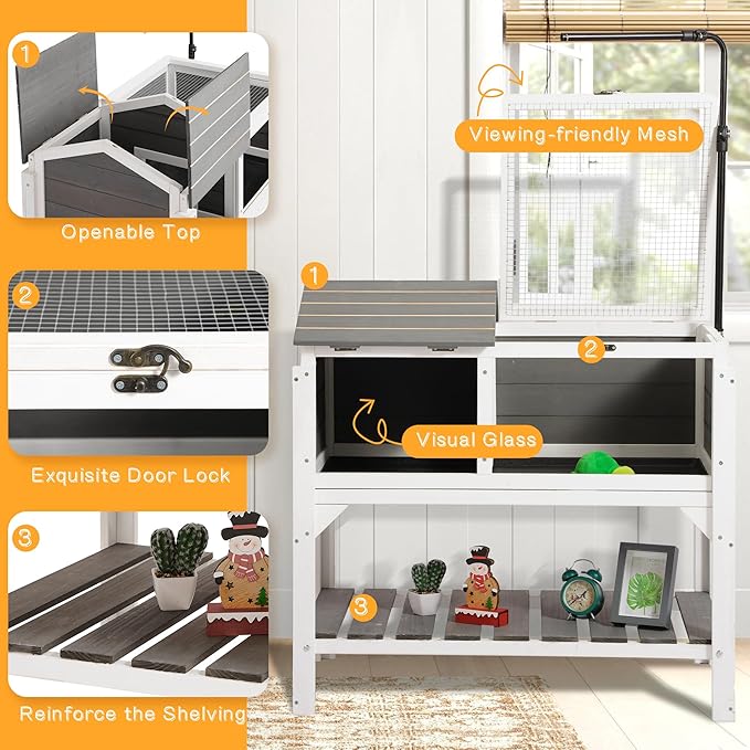 Wooden Tortoise Habitat with Shelf Storage and Adjustable Lamp Holder,Indoor Outdoor Reptile Cage Turtle Enclosure for Small Animals