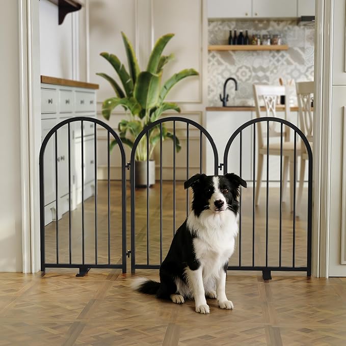 PUPETPO Full Metal Dog Gate for Indoor Outdoor, 32" Tall Free Standing Pet Dog Fence, 54" Wide Arched Pet Gates for Stairs, Hallways, Doorways, Kitchen, Decks, Yards (Black, 3 Panels)