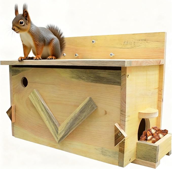 Large Solid Wood Squirrel House - Handmade All-Weather Outdoor Nesting Box to Welcome Squirrels & Chipmunks - Easy Mounting Kit for Backyard, Tree, or Fence