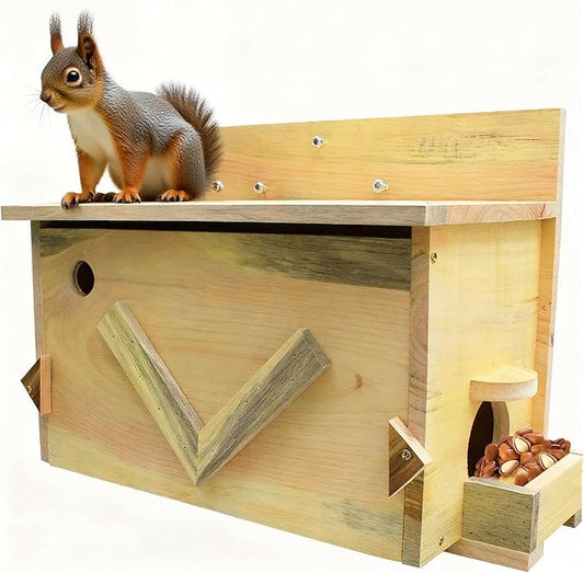 Large Solid Wood Squirrel House - Handmade All-Weather Outdoor Nesting Box to Welcome Squirrels & Chipmunks - Easy Mounting Kit for Backyard, Tree, or Fence